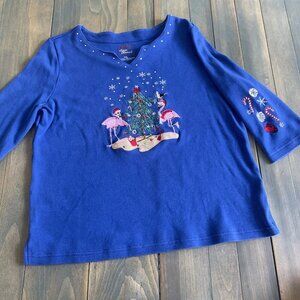 Allyson Whitmore Blue Beach Holiday Christmas Flamingos Shirt - Size PXL/M (XM1)